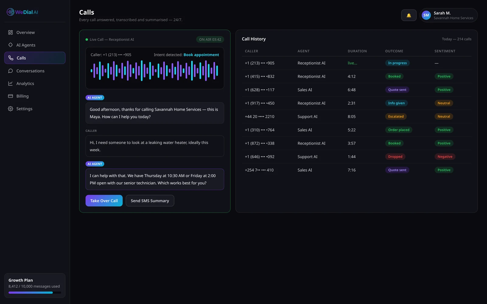 Live AI call with transcript